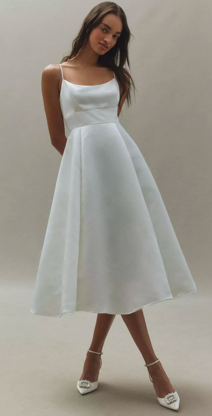 BHLDN Size 6 Ivory Satin Midi Wedding Dress Spaghetti Strap A Line Bridal